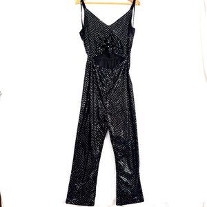 VALFRE Bianca Sequin Sparkle Disco Ribbon Velvet Strap Holiday Cut Out Jumpsuit